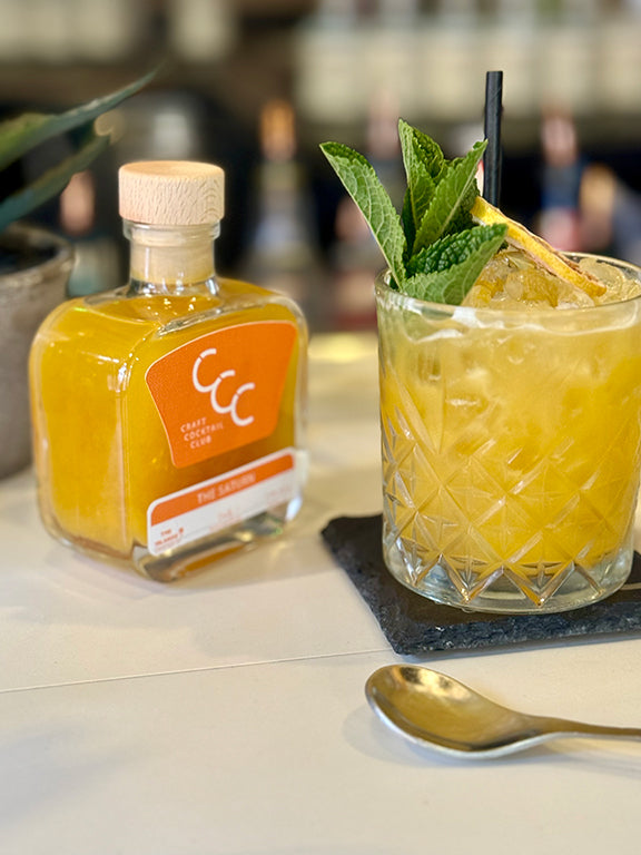 Picture of a Orange cocktail in  a short glass with a orange and mint garnish 