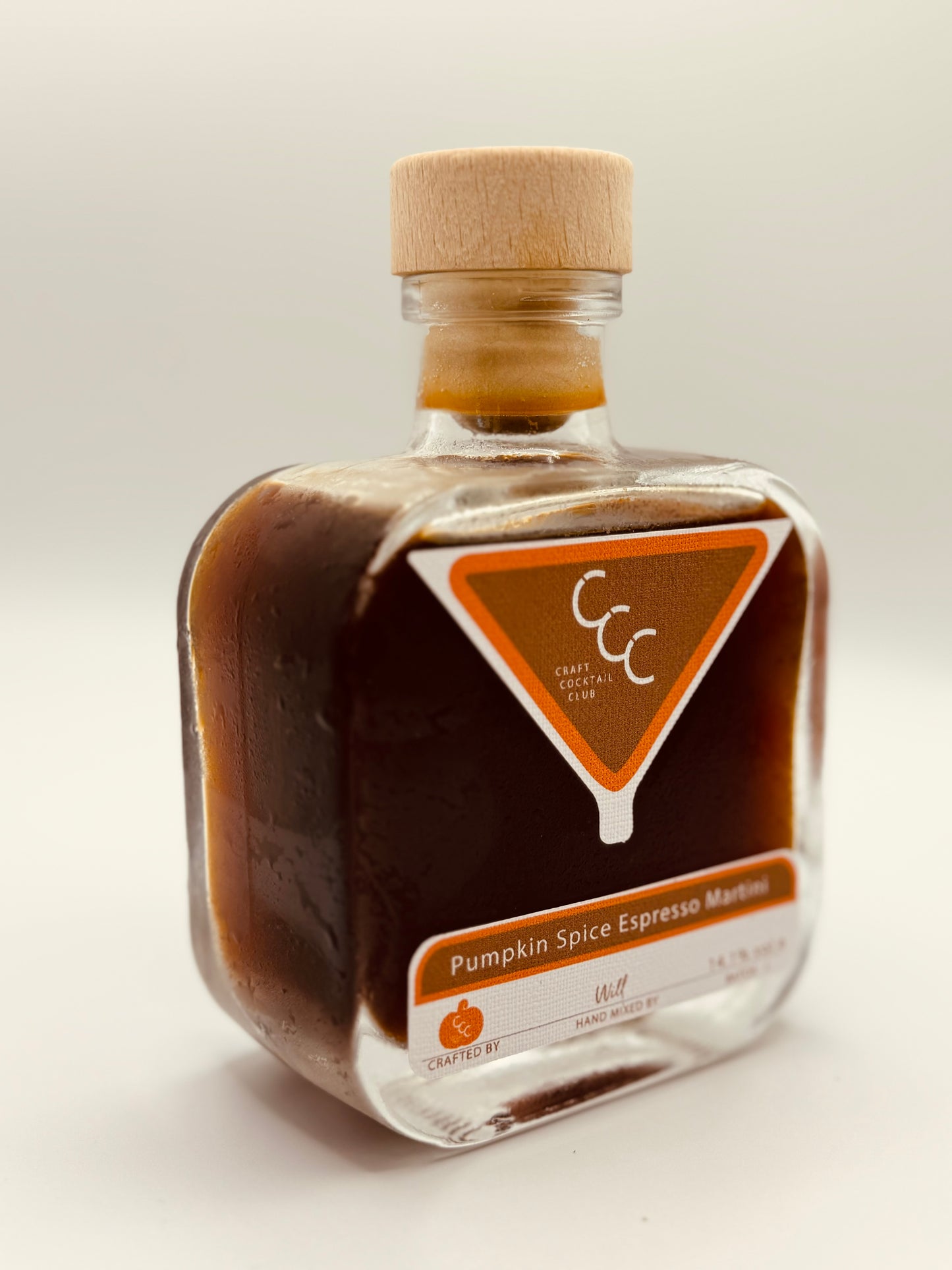 Picture of an espresso martini bottle on a white background, label reads Pumpkin spiced espresso martini 